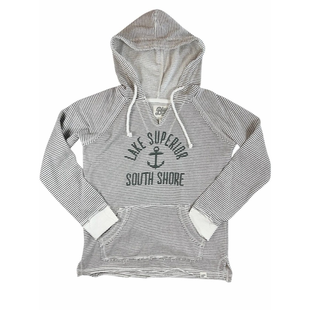 Blue 84 South Shore Lake Superior‎ Striped Distressed Hoodie Michigan Cream Gray